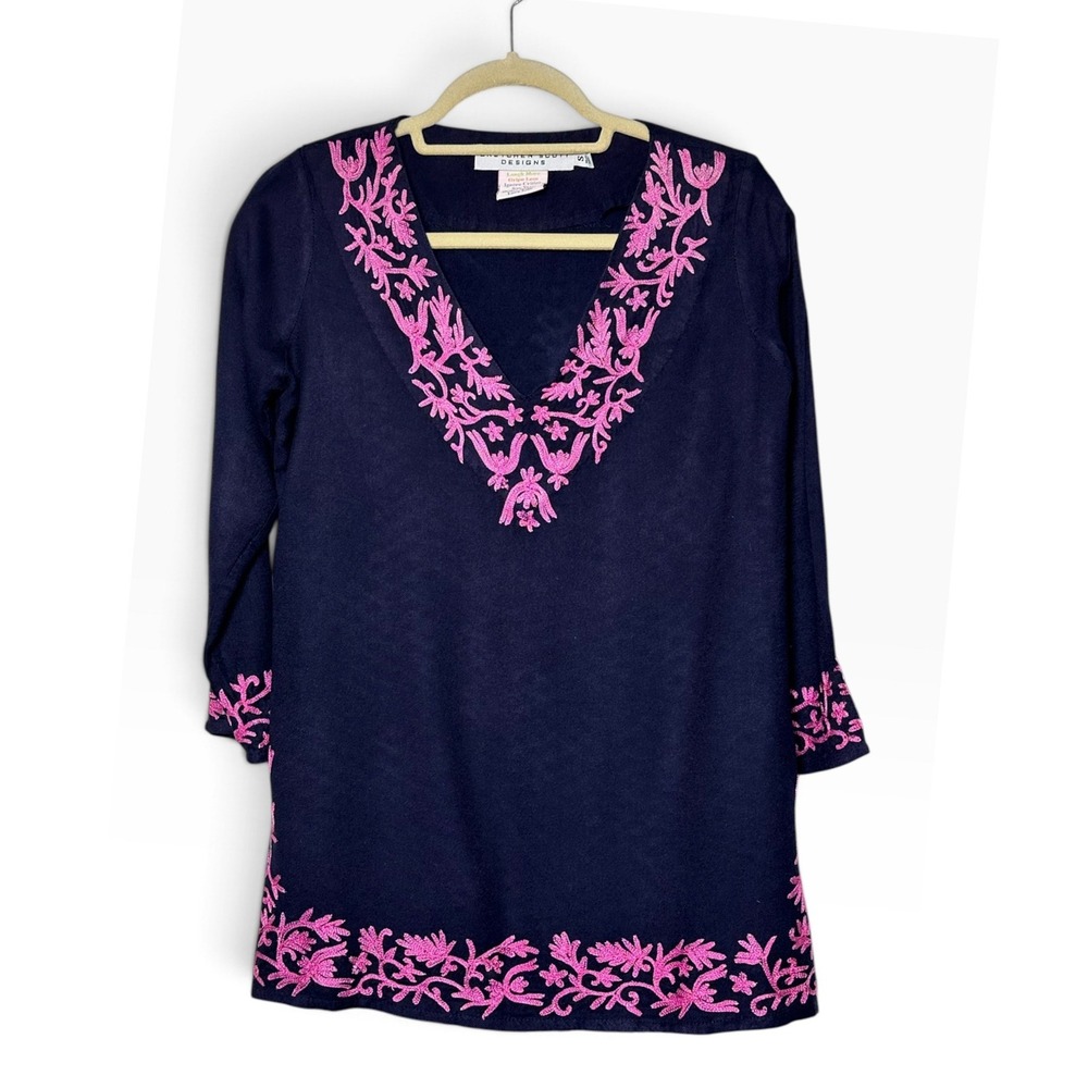 Gretchen Scott Designs Womens Navy Blue Pink Floral Embroidered Top Small